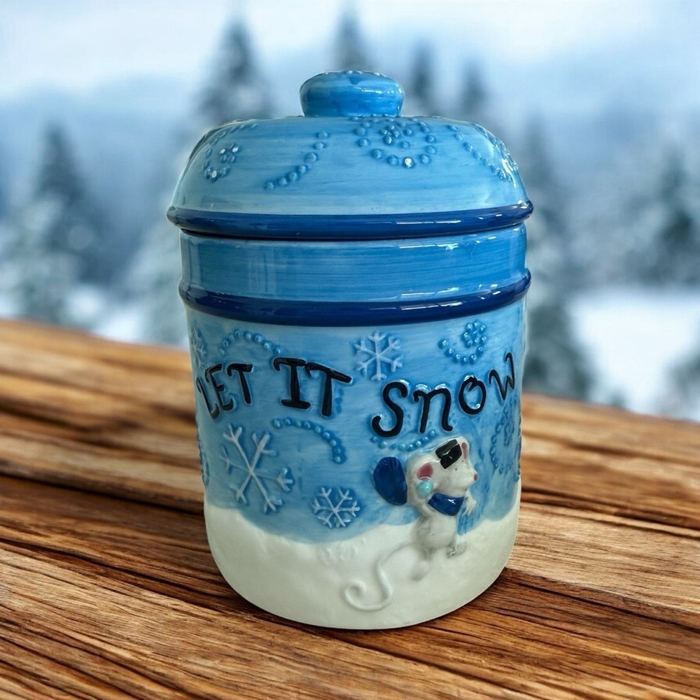 Christmas Houston Harvest Ceramic Jar Blue Let it Snow Holiday snowman - Picture 3 of 8